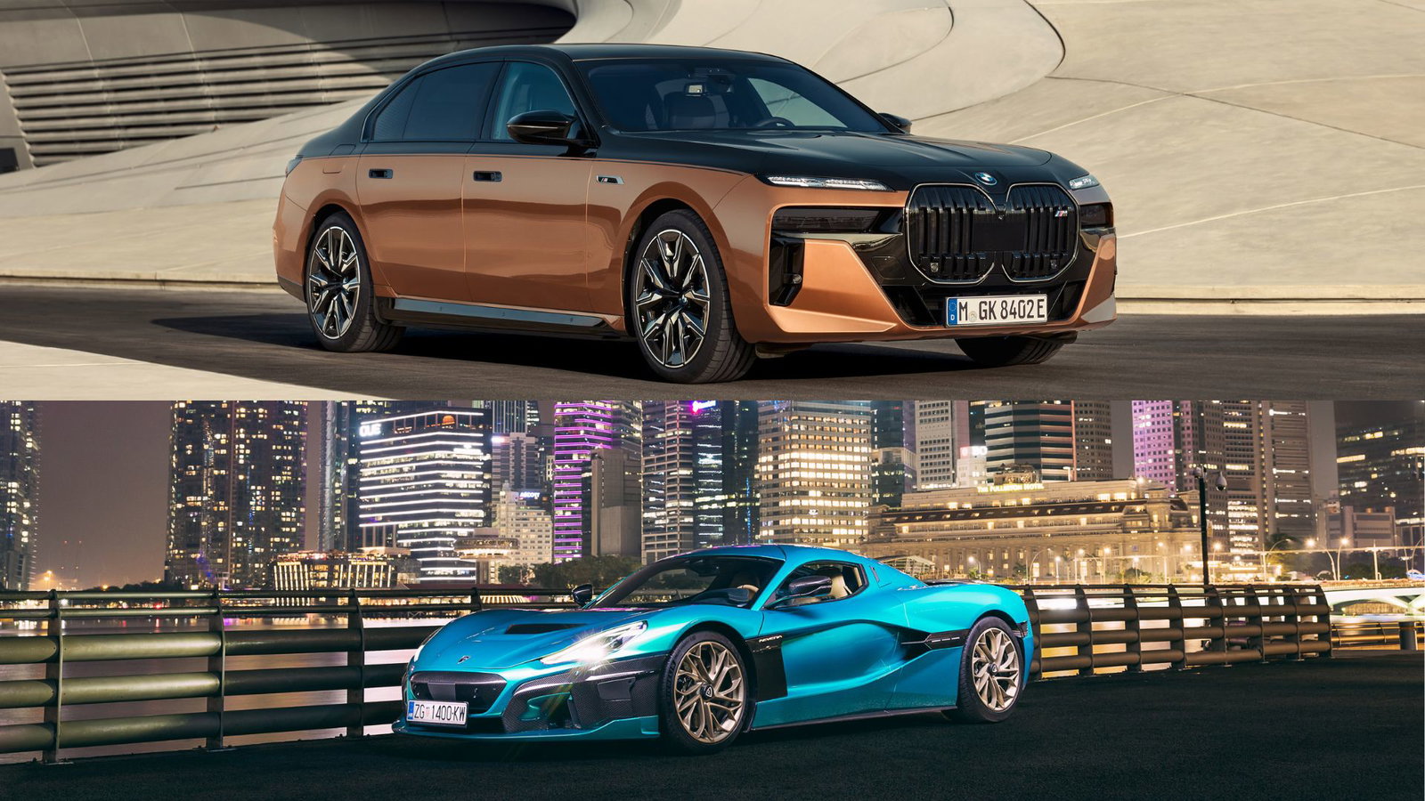 Top: BMW i7; bottom: Rimac Nevera